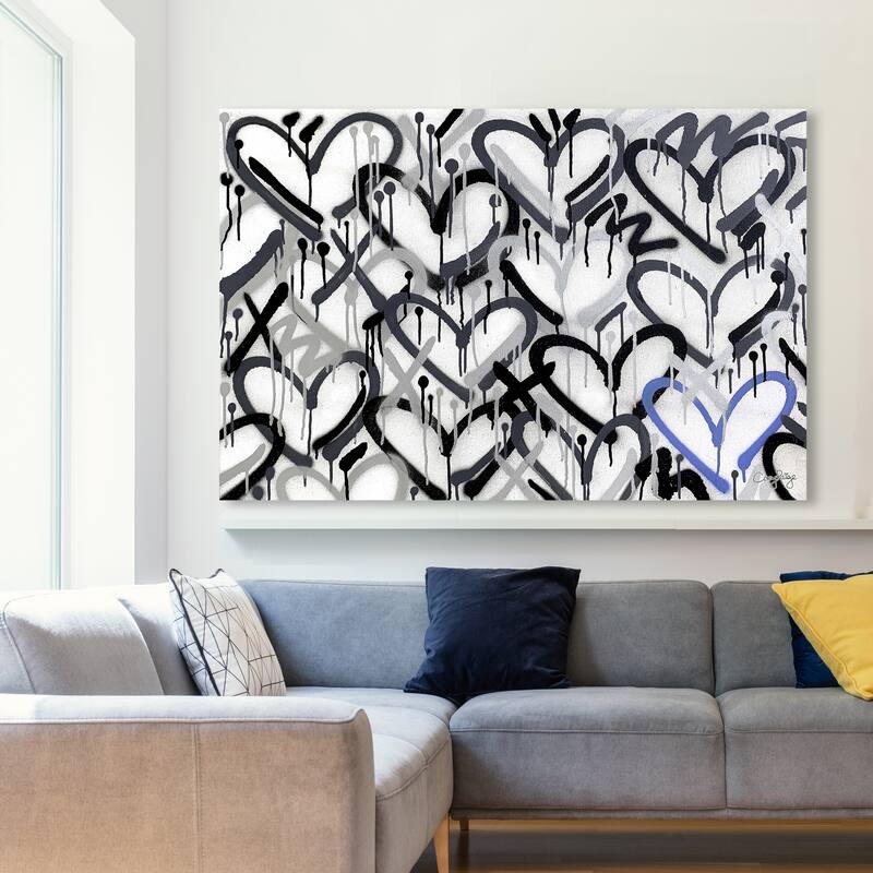 Wynwood Studio Abstract Corey Paige - Hearts Grays with Blue Accent Black and Modern & Contemporary Wall Art Canvas Print - 36 x 54