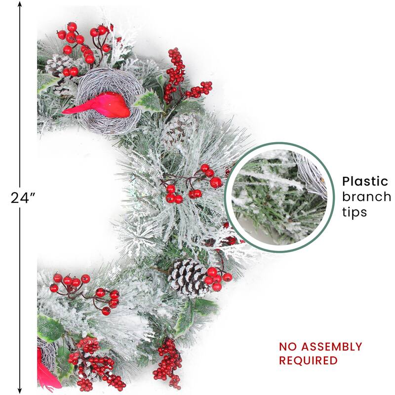 Berries Red Cardinals Nests Flocked Artificial Christmas Wreath 24"