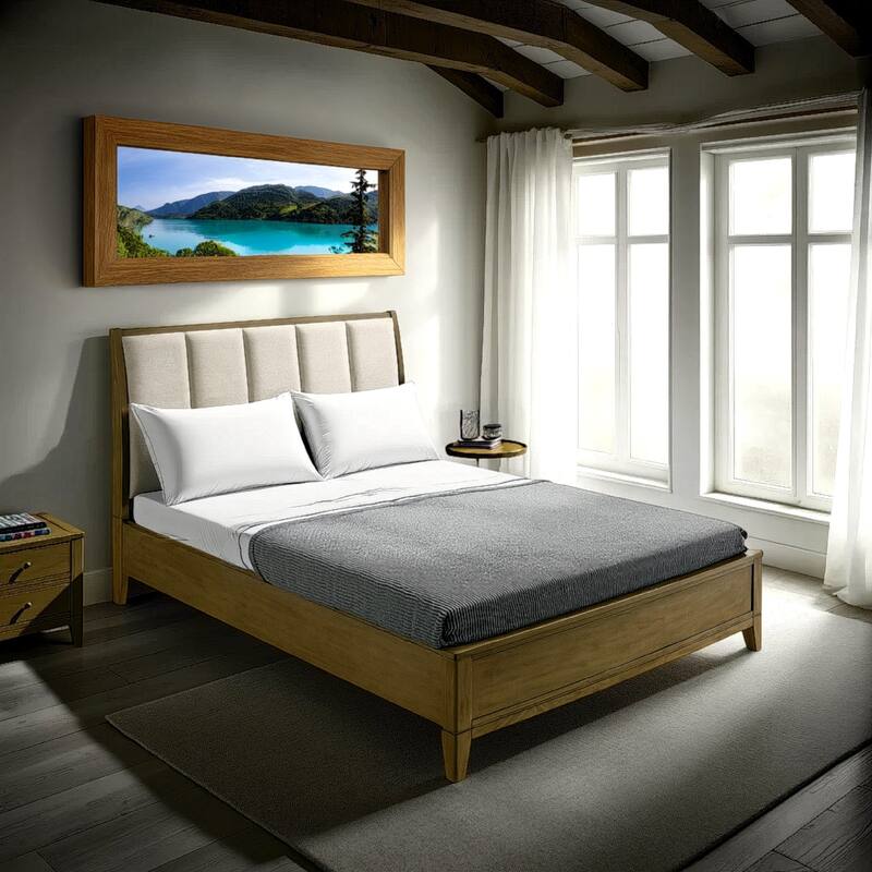 Heon King Bed, Block Panel Headboard, Ivory Upholstery, Pine Wood