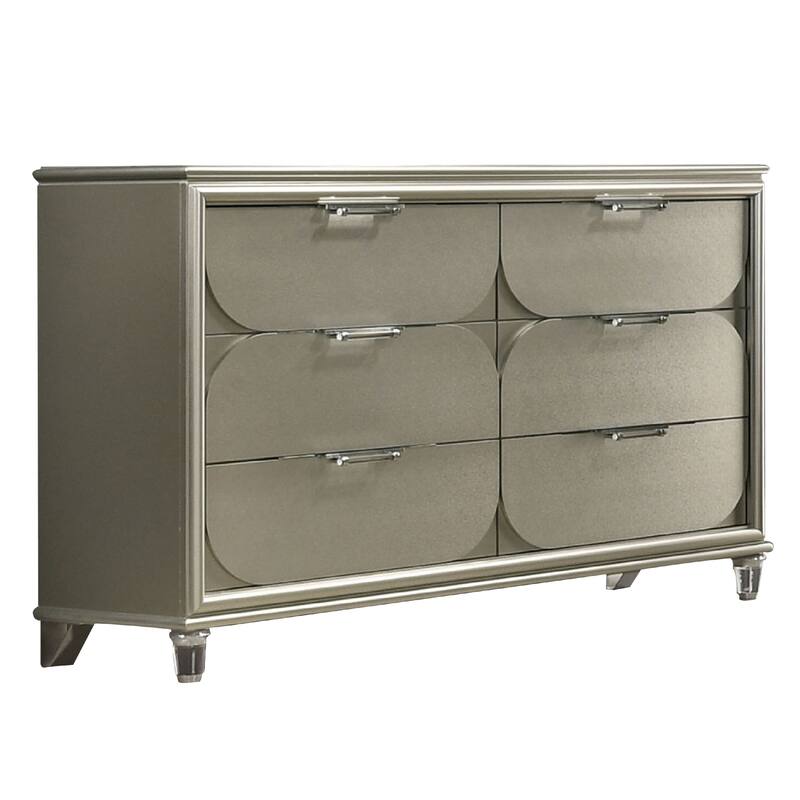 Zema 6 Drawer Wide Dresser, Silver Solid Wood with Acrylic Accents