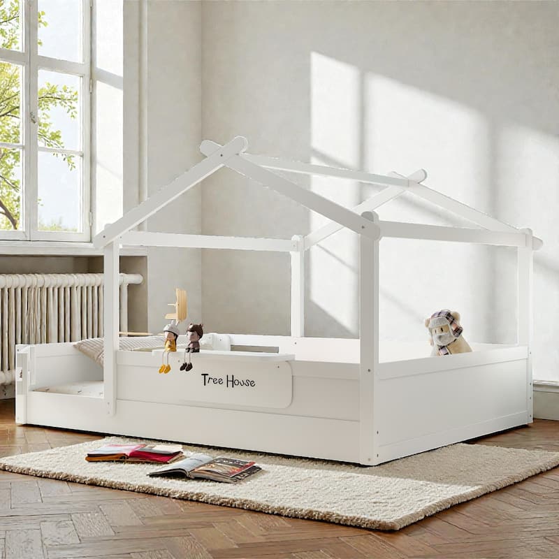 Kids House Floor Bed with Guardrails and Roof, Built-in Tray and Signboard, Montessori Floor Bed for Toddlers