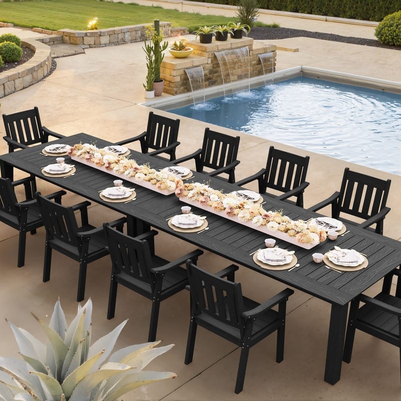 WINSOON 12-Piece HIPS All Weather Outdoor Patio Dining Sets with Umbrella Hole& Aluminum Frame,2-Table 10-Chairs - Black