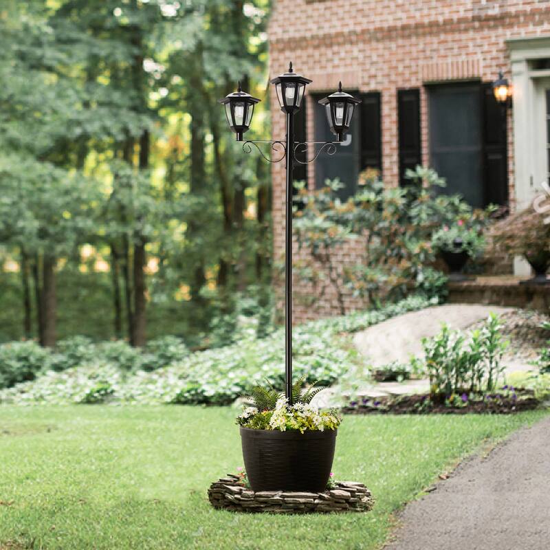Glitzhome 6FT Solar 3-Head Lamp Street Light with Planter Pot - Black