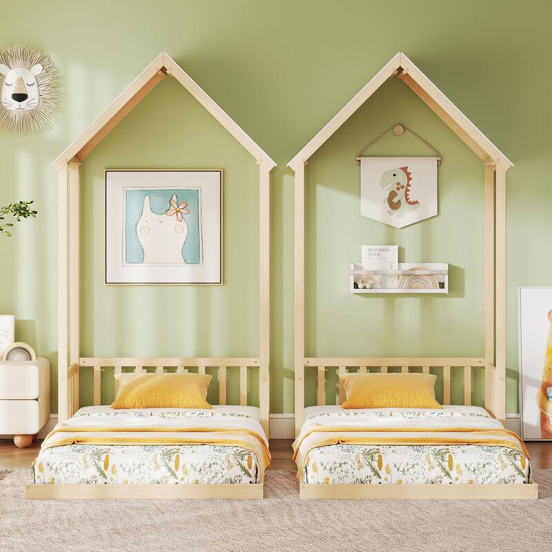 Twin Size Wooden Montessori Floor Bed with House Shape Frame and Semi-Fence Railings for Kids Room