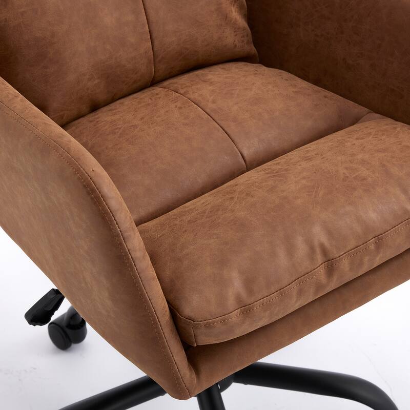 PU Artificial Leather Swivel Office Chair, Ergonomic Upholstered Home Office Chair, Adjustable Height Computer Rolling Chair - Brown