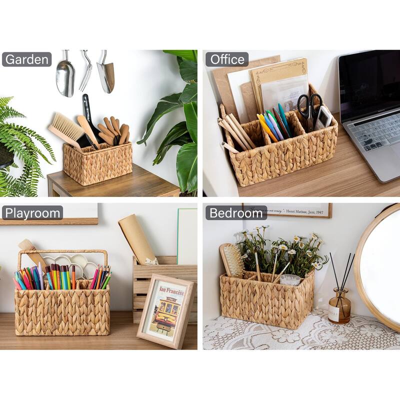 Hand-Woven Wicker Cutlery Holder with Handle, Flatware Basket Organizer
