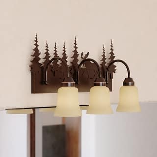 Yellowstone 3-Light 24.75 in. W Burnished Bronze Rustic Bathroom Vanity Lighting Fixture, Amber Flake Glass, Moose, Trees Cabin