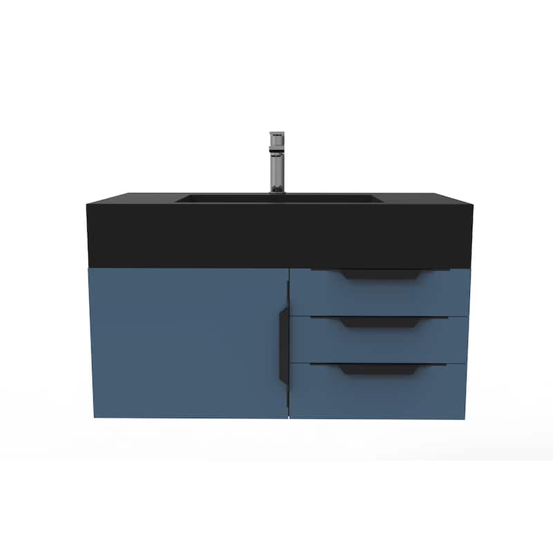 Nile 36" Wall Mounted Bathroom Vanity Set w/ Black Top - Blue - Matte