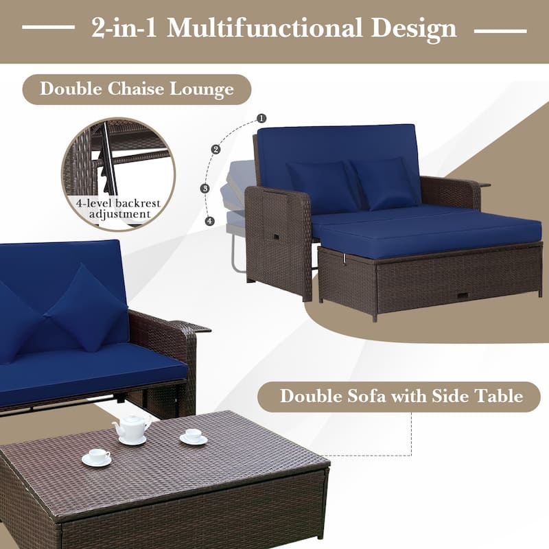 Gymax Rattan Loveseat Set Daybed Lounge Storage Ottoman Side Tables