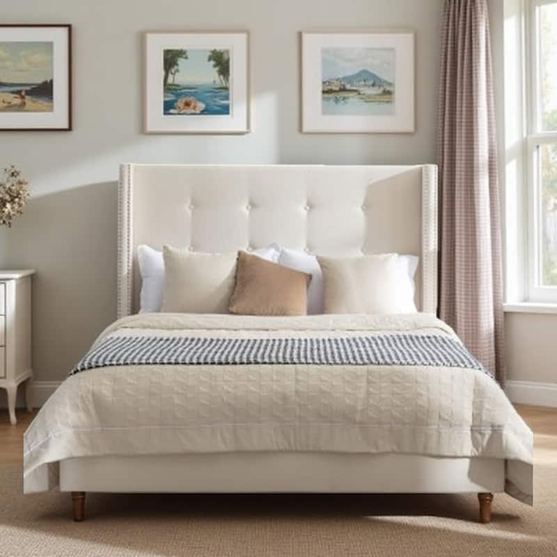 Velvet Queen Size Bed Frame with 54" Tufted Wingback Headboard, Nailhead Trim, Solid Wood Legs, Metal Support Frame - Queen Ivory - Queen