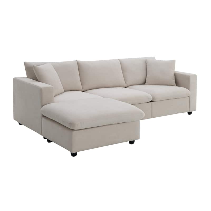Beige 100.4'' Polyester L-Shaped 4-Seat Sectional Sofa Couch with Convertible Ottoman and 2 Pillows, Contemporary Design