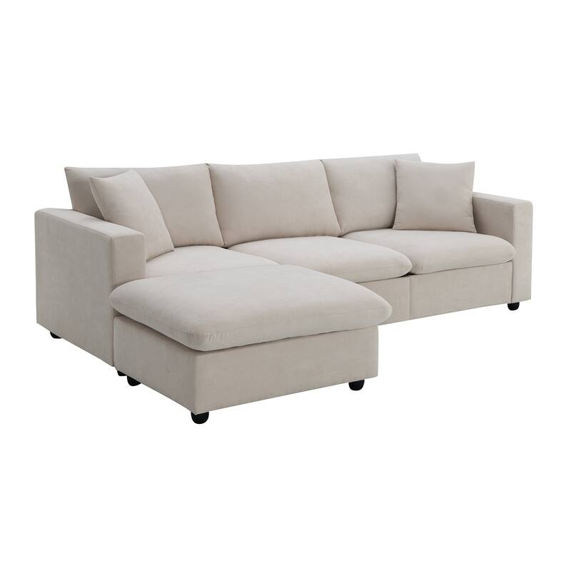 Modern Sectional Sofa, L-Shaped Couch Set with 2 Free pillows, 4-seat Polyester Fabric Sofa Couch with Convertible Ottoman