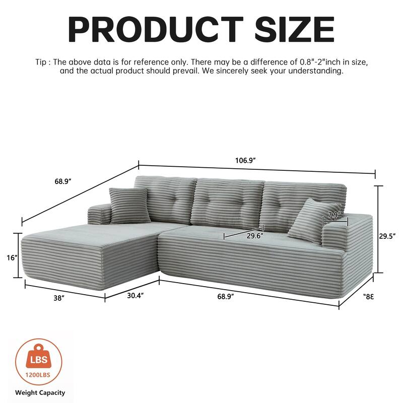 Rossetta Modern Minimalist Style L-Shape Compressed Corduroy Sectional Sofa with Right-Facing Chaise