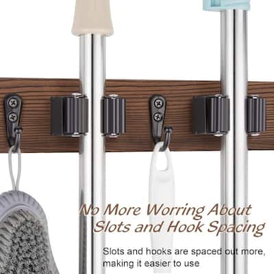 Wood Mop Broom Holder Wall Mount with 3 Slots & 4 Hooks
