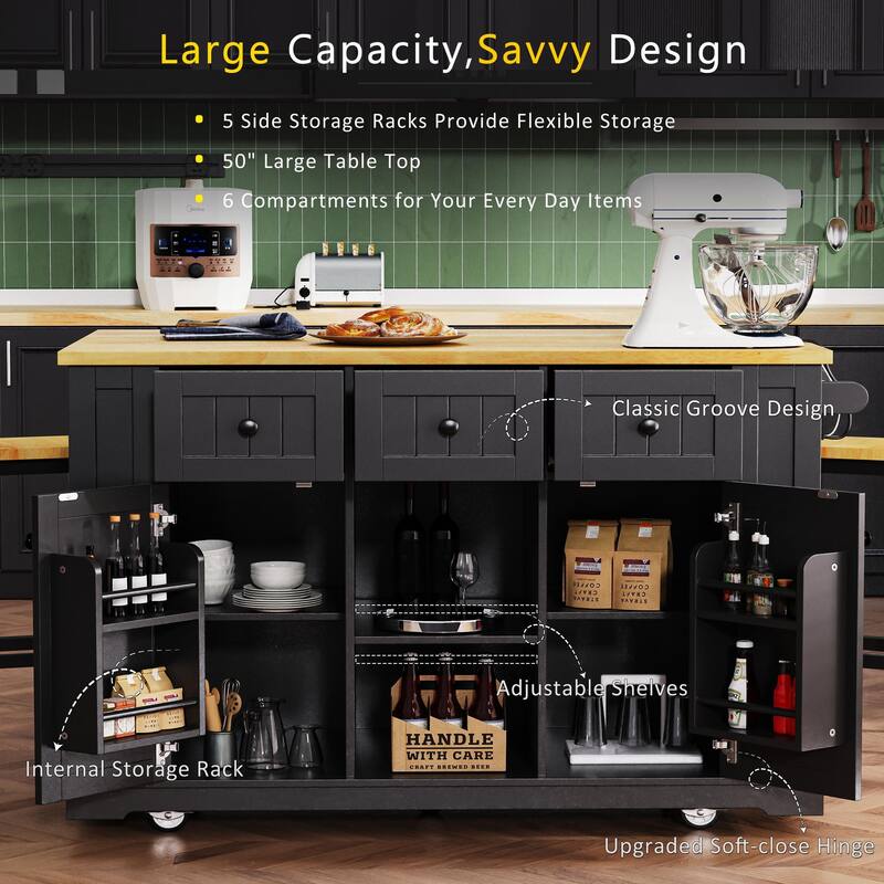 53" Large Kitchen Island with Power Outlet, Rolling Kitchen Cart on 5 Wheels with Drop Leaf, 5 Open Side Racks for Living Room