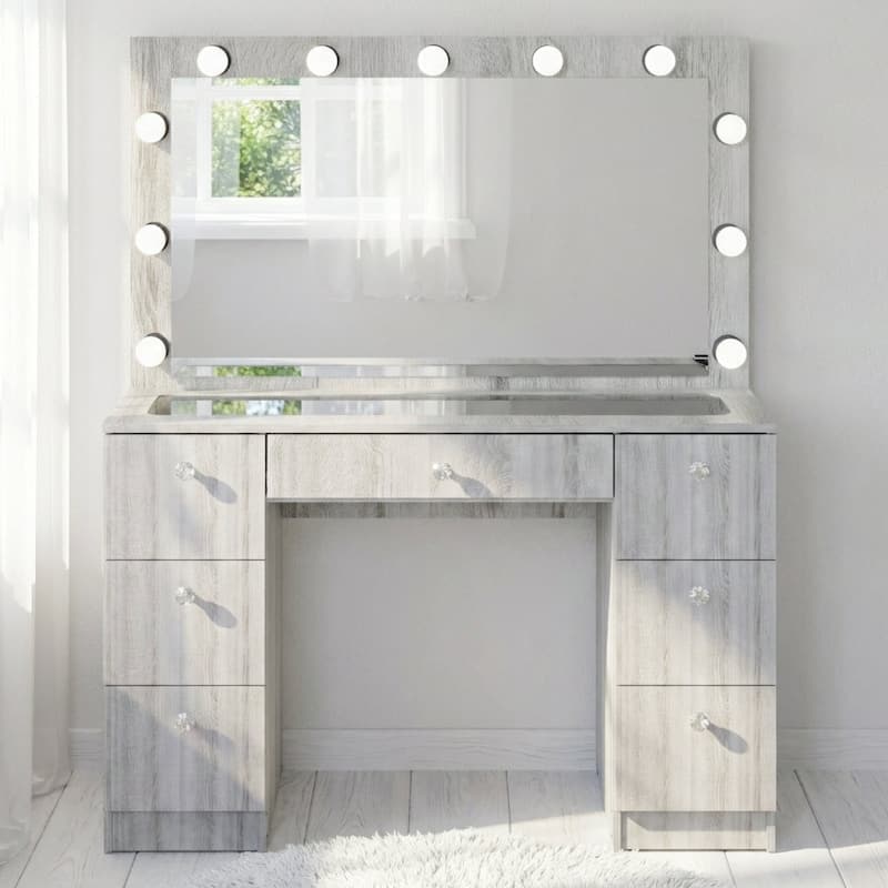 Modern White Makeup Vanity Desk with 13 Dimmable Lights, Glass Top, USB-A & USB-C, 7 Drawers, Hair Dryer Holder, and Stool