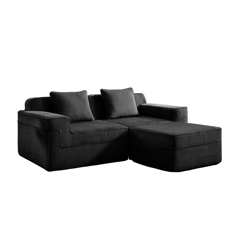 GDFStudio - Corduroy Modular 2-Seater 81.1" L-Shaped Cloud Sectional Loveseat Sofa with Ottoman