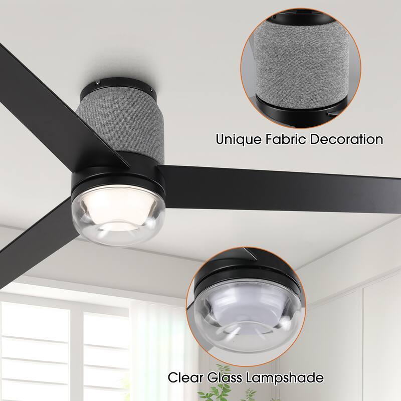 52" Modern Black RGB LED Smart Flush Mount Ceiling Fan with Light and Remote, App Control, Voice Control