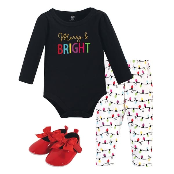 slide 1 of 1, Hudson Baby Infant Girl Cotton Bodysuit, Pant and Shoe 3pc Set, Merry & Bright 0-3 Months - Merry & Bright