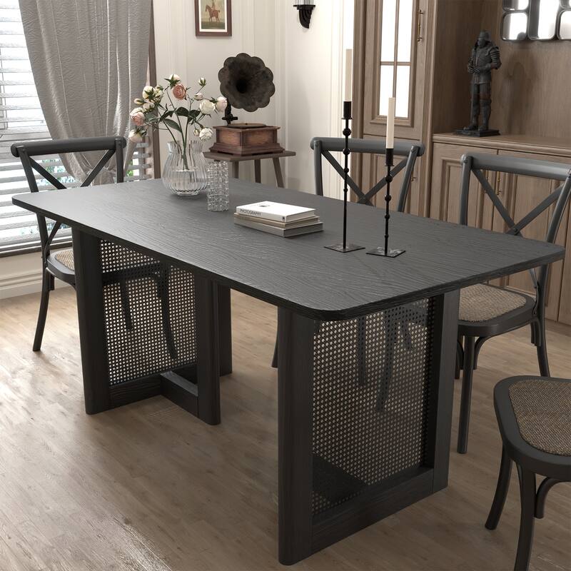 Farmhouse Kitchen Dining Room Table Furniture Square Kitchen Table with Rattan Woven Legs for Kitchen Bar Living Room