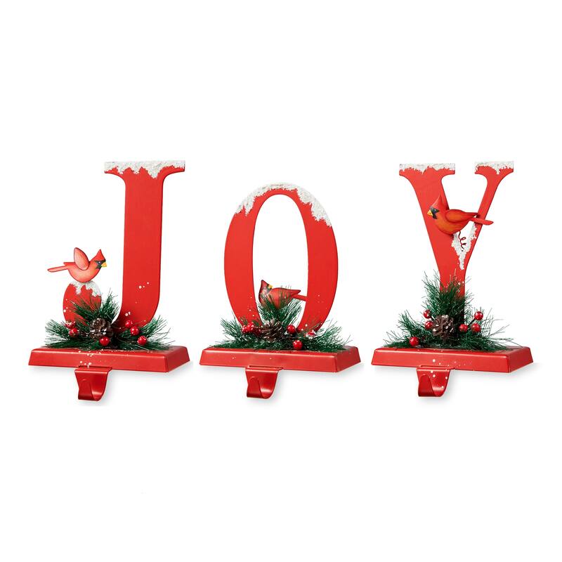 Glitzhome Set of 3 JOY with Snowman Cardinals Stocking Holders Christmas Decor - JOY with Cardinals