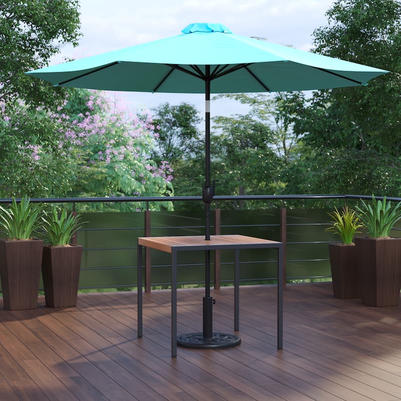 Black Steel Framed 35" Square Faux Teak Patio Table-Tan 9FT Patio Umbrella-Base - Teal