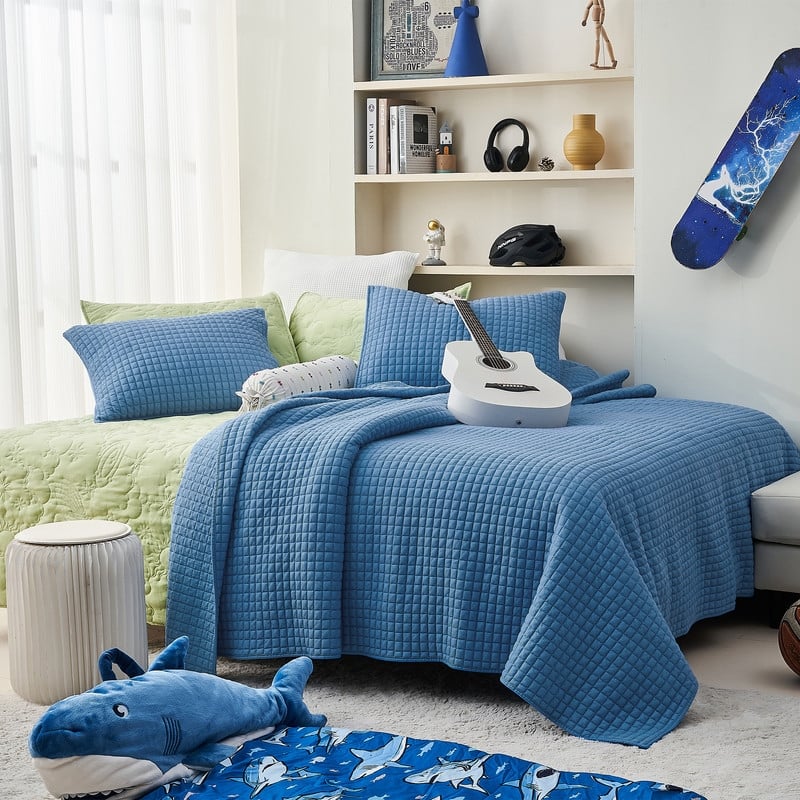 Wonderful Waffle Quilt Set 3 Piece Solid Bedding Set for Kids - Blue - Queen - 3 Piece