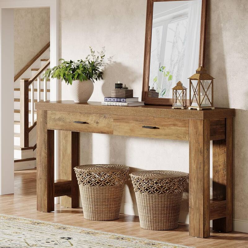 63" Console Table with 2 Drawers, Farmhouse Entryway Table with H-Shaped Sturdy Legs for Hallway, Living Room - Brown