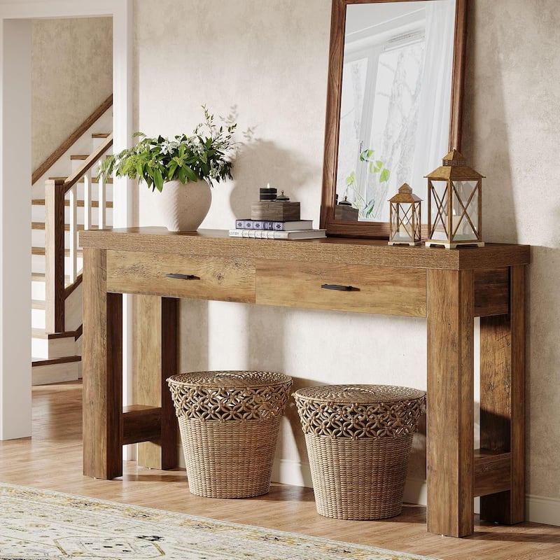 63 Inches Brown Wooden Entryway Table with 2 Drawers, Farmhouse Console Table for Hallway - Brown