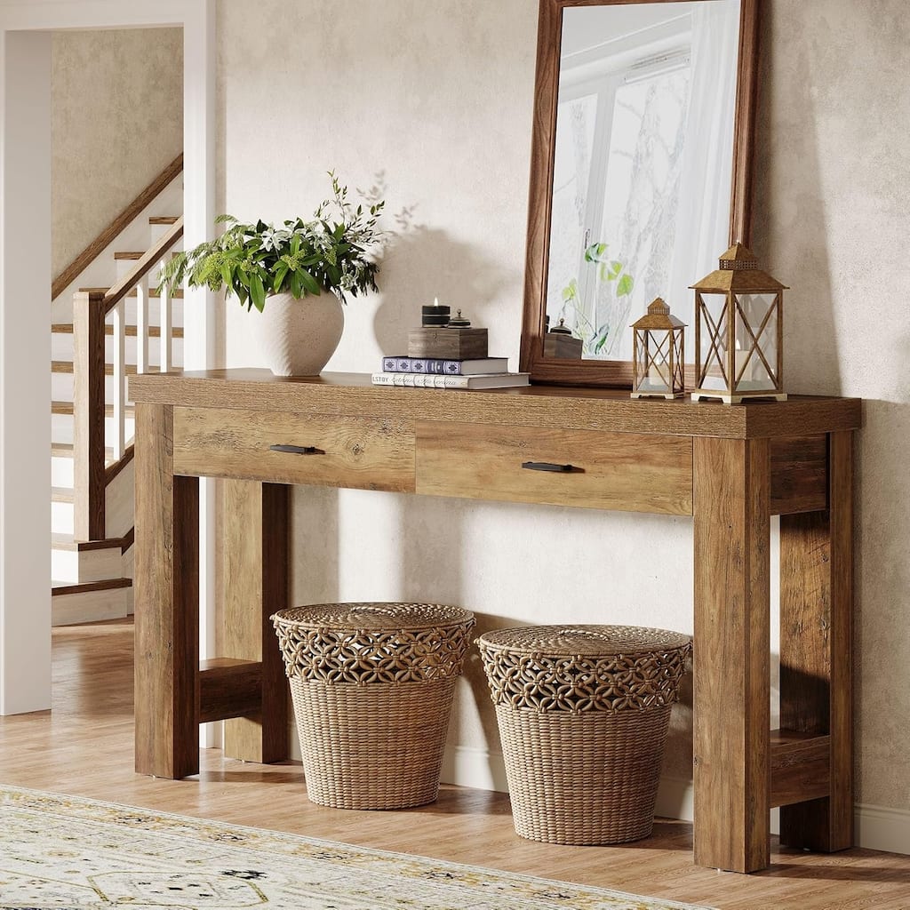 63 Inches Brown Wooden Entryway Table with 2 Drawers, Farmhouse Console Table for Hallway