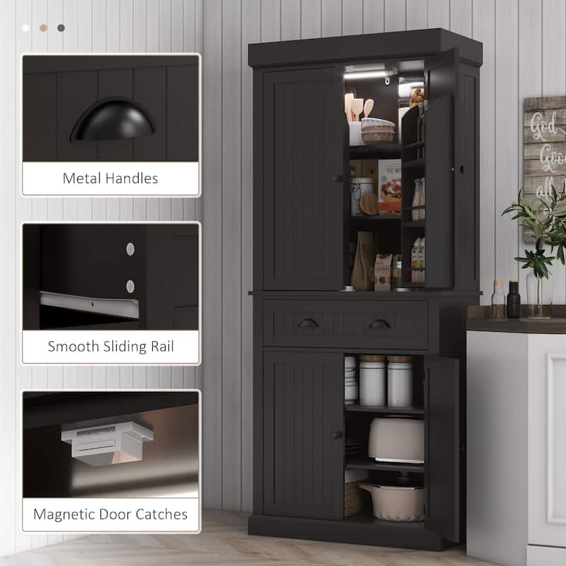 Tall Kitchen Pantry Cabinet with Adjustable LED Light and Drawer Shelves for Organized Storage - 30.1" W x 15.7" D x 71.3" H
