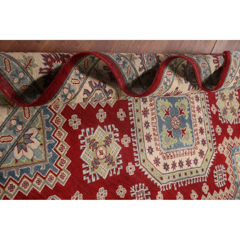 Red Kazak Area Rug Hand-Knotted Geometric Wool Carpet - 6'8" x 9'11"