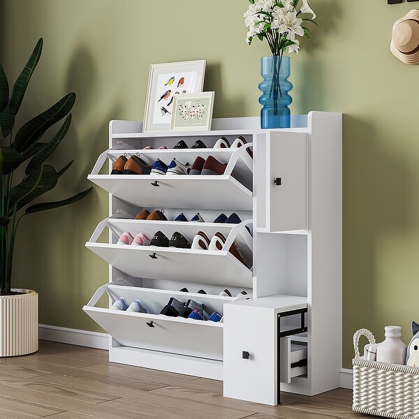 パンツ ovyCottonGabardineBarrackDressTrousers Shoe Cabinet with 3 Flip Drawers and Pull-Down Seat - Bed