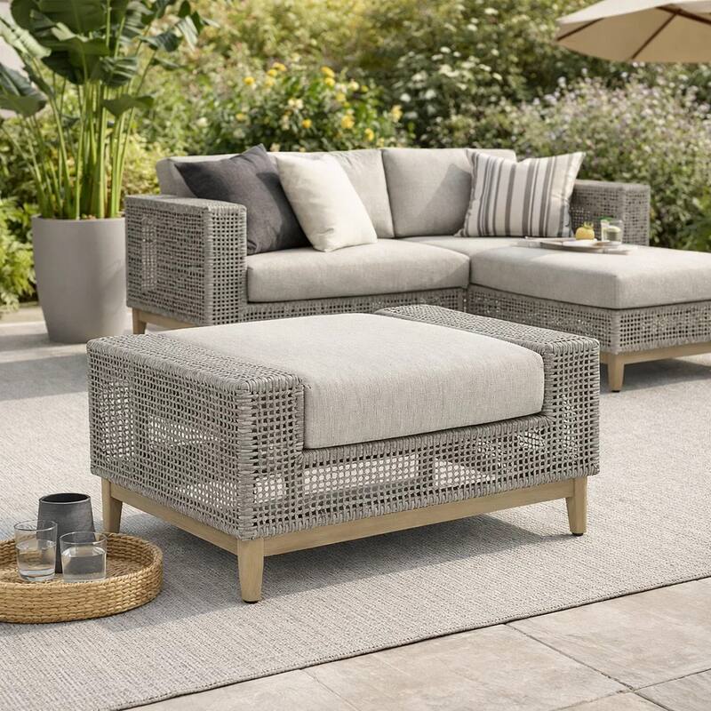 Yami Outdoor Ottoman, 35 Inch, Gray Woven Resin Wicker, Cushioned Seat