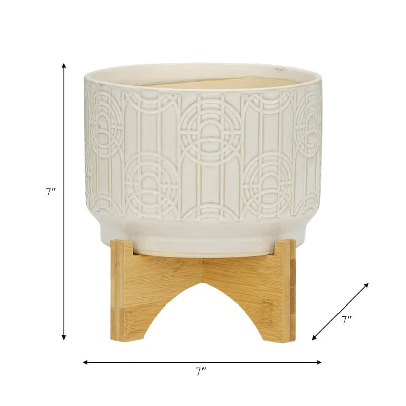 Off-white Etched Design Ceramic Planter with Natural Wood Stand