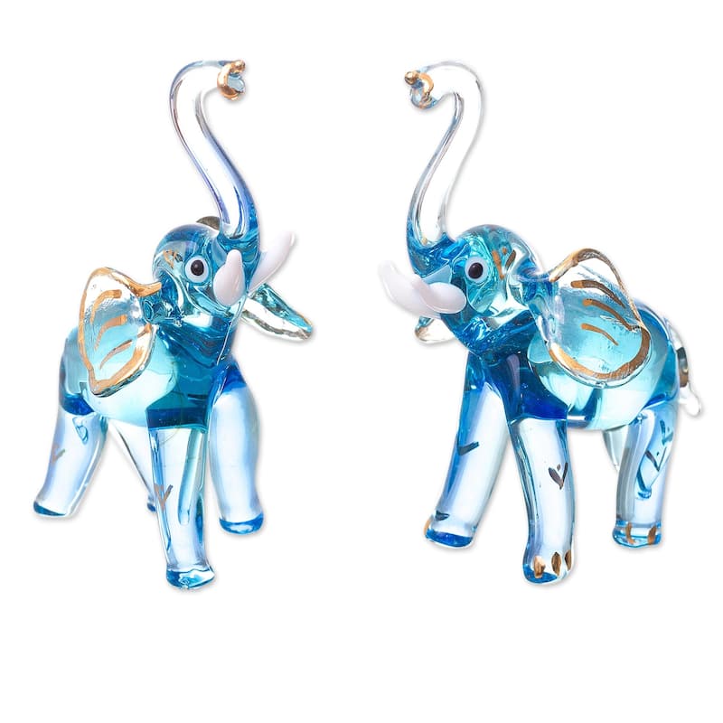 Novica Handmade Gilded Elephants Light Blue Blown Glass Figurines (Pair) - Blue