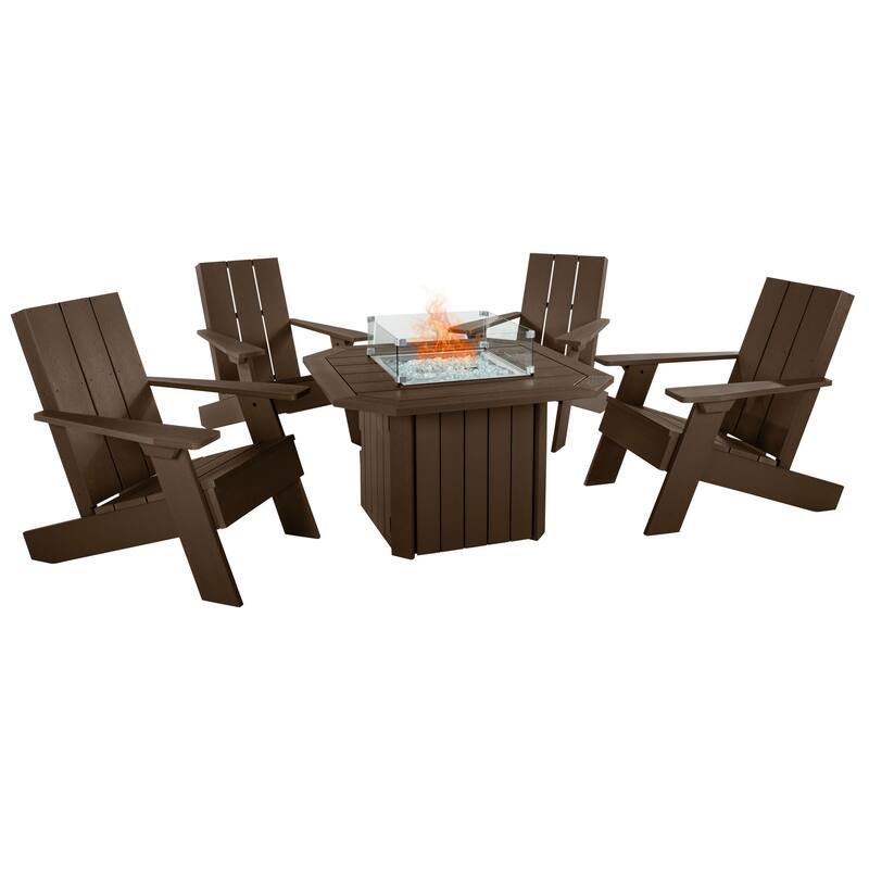 HIGHWOOD Modern Adirondack 5-Piece Fire Pit Conversation Set - Weathered Acorn.