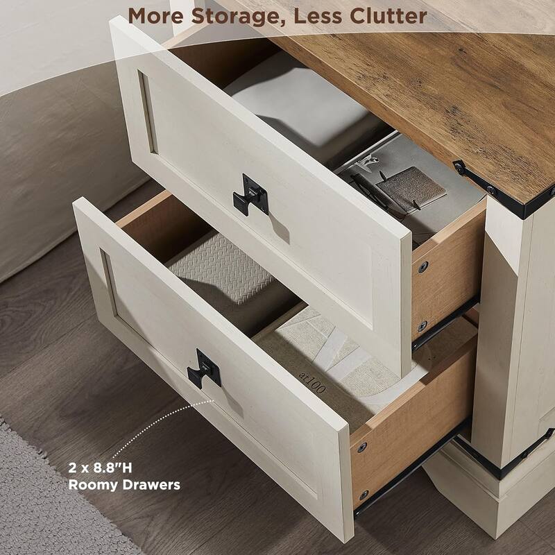 Farmhouse 2 Drawers Nightstand with Charging Station, Large End Table