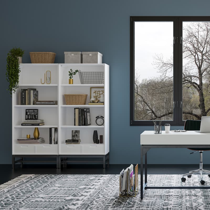 WYNDENHALL Devlin SOLID HARDWOOD and Metal 66x30 inch Rectangle Industrial Bookcase - 30"w x 14"d x 66" h - White