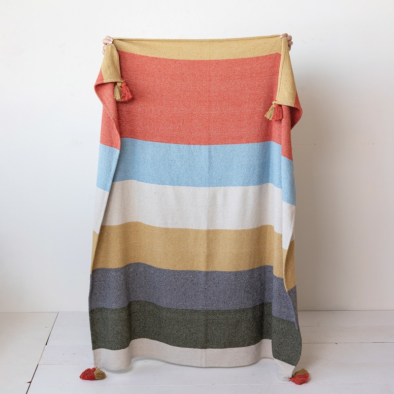 Woven Cotton Blend Throw with 8 Stripes and Tassels - Multi - 60.0"L x 50.0"W x 0.1"H