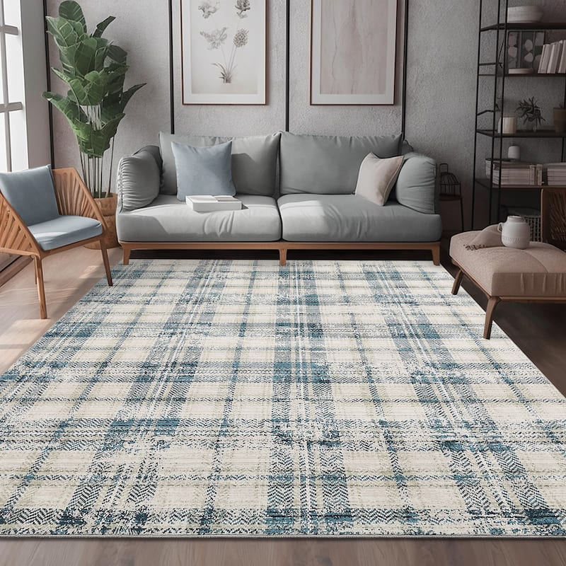 Garvee Earthy Plaid Soft Low Pile Foldable Area Rug
