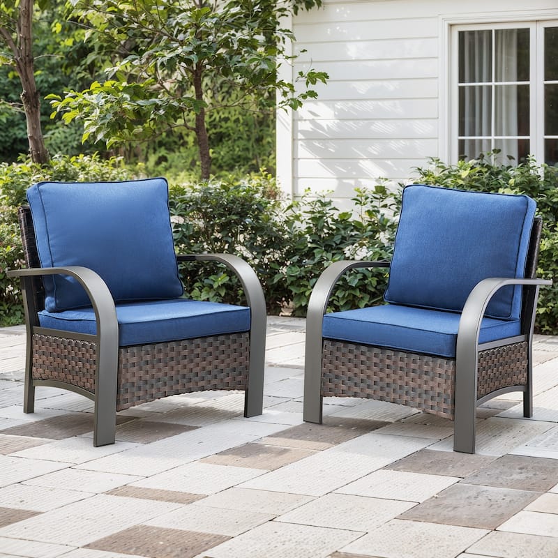 Pocassy Outdoor Patio Furniture Set - Brown Rattan - Blue Cushion - 2PCS Patio Chair