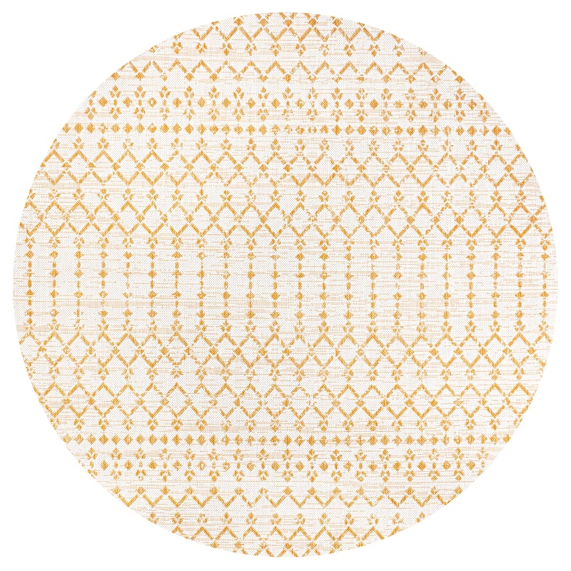 JONATHAN Y Trebol Moroccan Geometric Textured Weave Indoor/Outdoor Area Rug - 5' Round - Cream/Yellow