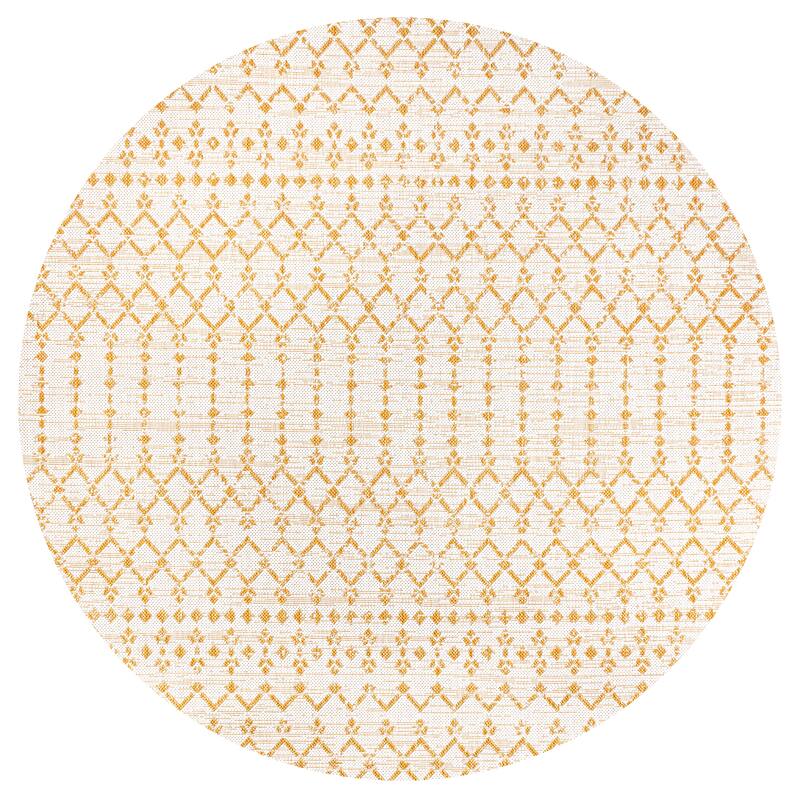 JONATHAN Y Trebol Moroccan Geometric Textured Weave Indoor/Outdoor Area Rug - 5' Round - Cream/Yellow