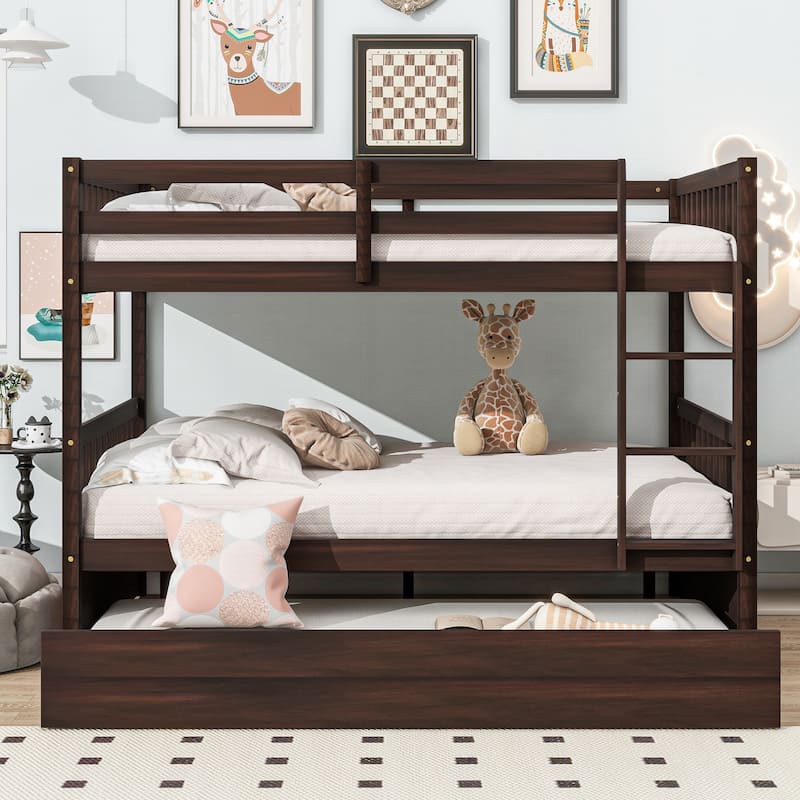 Full Over Full Rubber Wood Bunk Bed: Trundle, Ladder, Guardrails, Convertible to 2 Full Beds + Twin Trundle - Brown