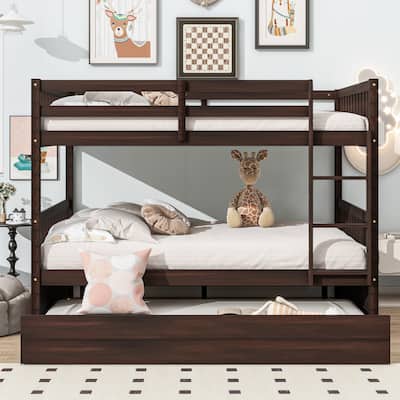 Full Over Full Rubber Wood Bunk Bed with Trundle, Ladder and Guardrails, Convertible to 2 Full Size Beds, with Twin Size Trundle