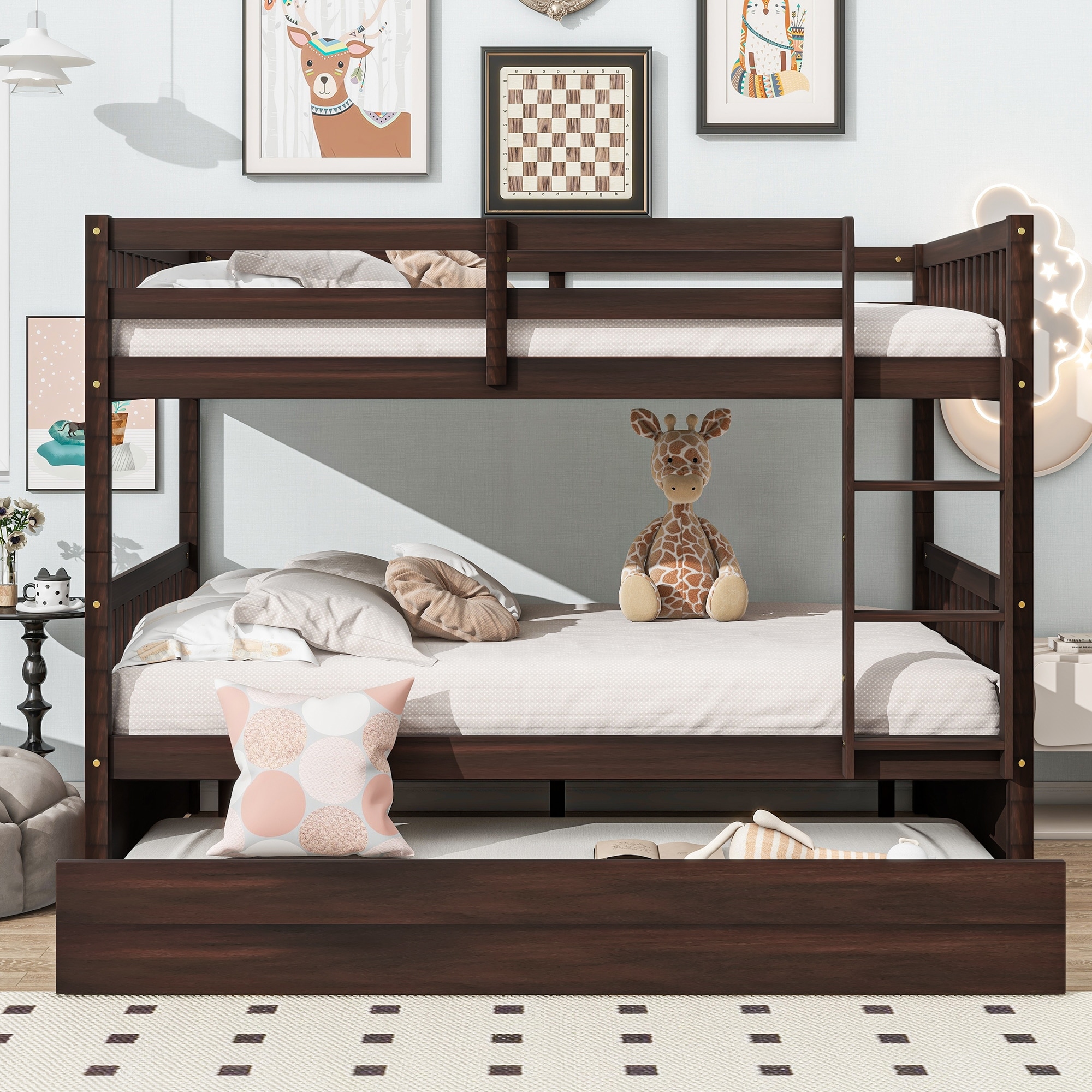 Roomfitters Full Over Full Rubber Wood Bunk Bed with Trundle, Convertible Design, Ladder and Safety Guardrails, Espresso