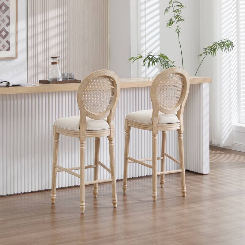 French Country Upholstered Bar Chairs with Rattan Round Back(Set of 2)