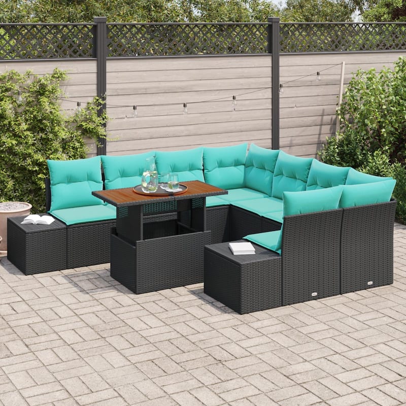 vidaXL 9 Garden Sofa Set with Cushions Black/Grey Poly Rattan - 103.9 x 92.1 x 27.2