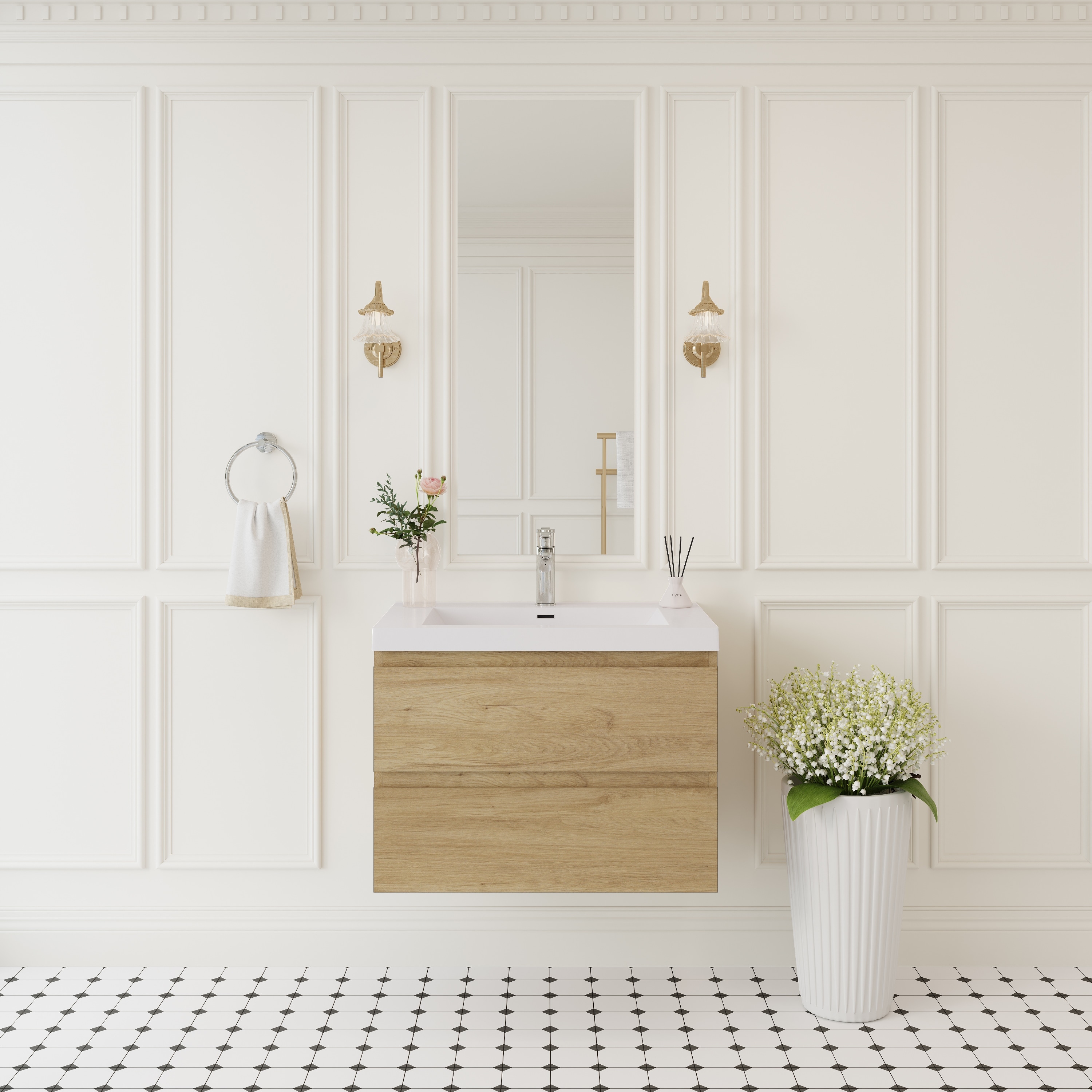Modern Wall-Mounted Bathroom Vanity with White Solid Surface Top